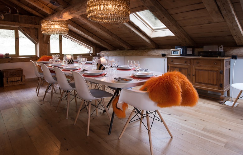 Dining room with chandeliers in Ferme de Margot, Morzine